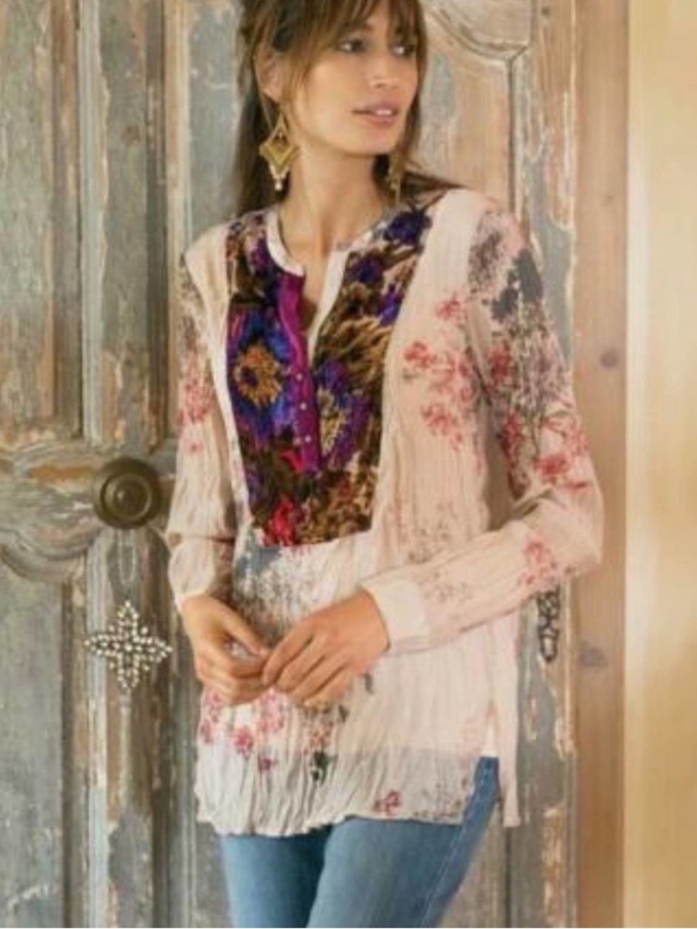 Soft Surroundings Cream Floral Velvet Aria Tunic Sz L, 25” PTP, 29” L